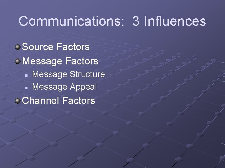 Communications: 3 Influences Source Factors Message Factors n n Message Structure Message Appeal Channel