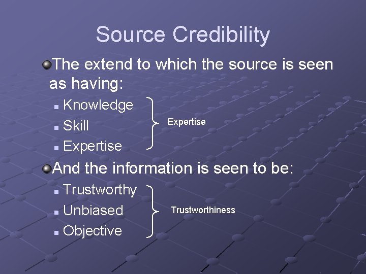 Source Credibility The extend to which the source is seen as having: Knowledge n