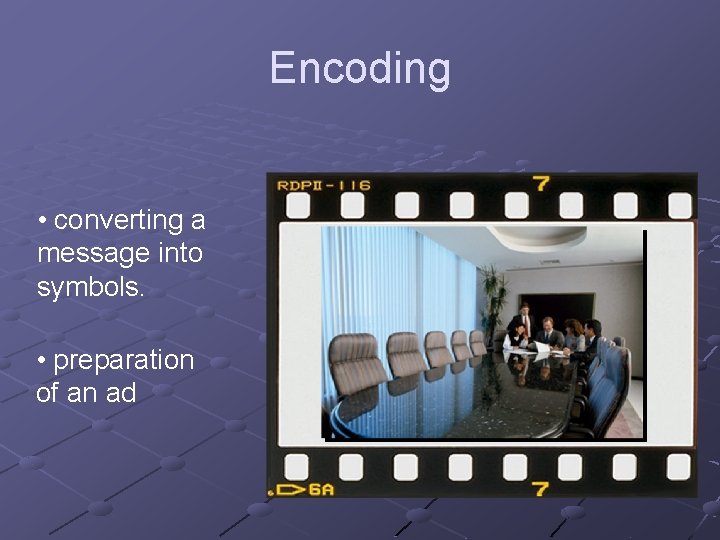 Encoding • converting a message into symbols. • preparation of an ad 