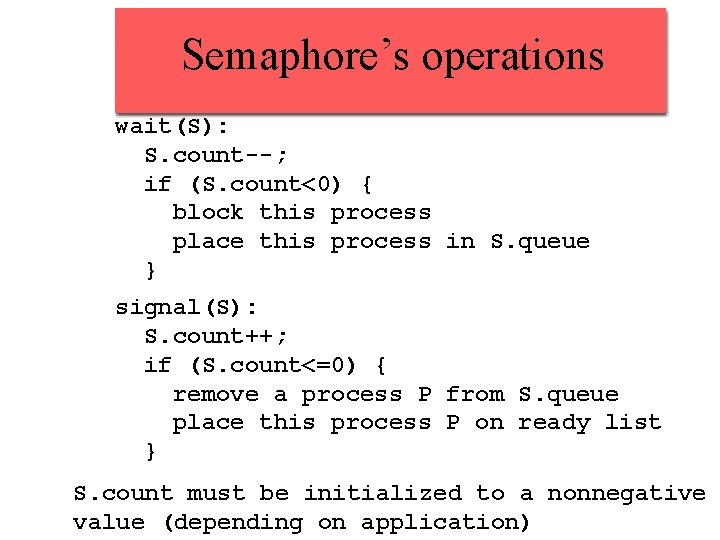 Semaphore’s operations wait(S): S. count--; if (S. count<0) { block this process place this