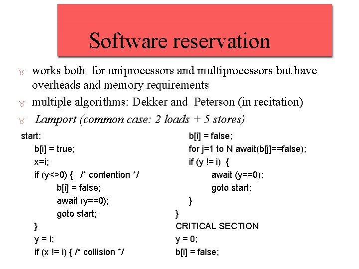 Software reservation _ _ _ works both for uniprocessors and multiprocessors but have overheads