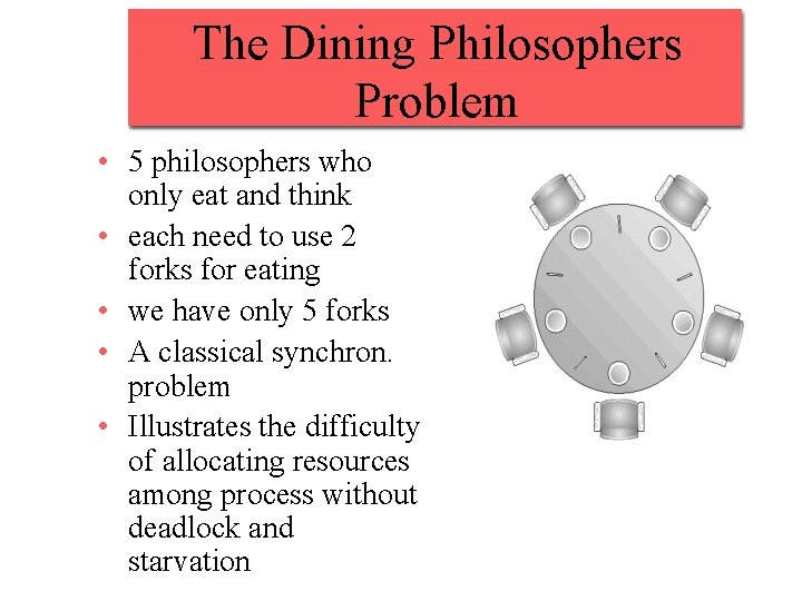 The Dining Philosophers Problem • 5 philosophers who only eat and think • each