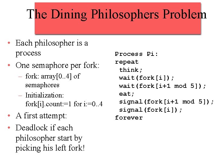 The Dining Philosophers Problem • Each philosopher is a process • One semaphore per
