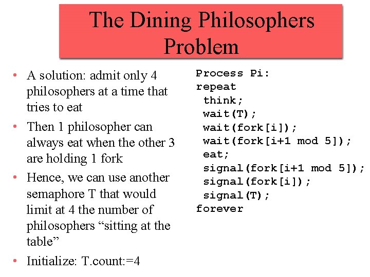 The Dining Philosophers Problem • A solution: admit only 4 philosophers at a time