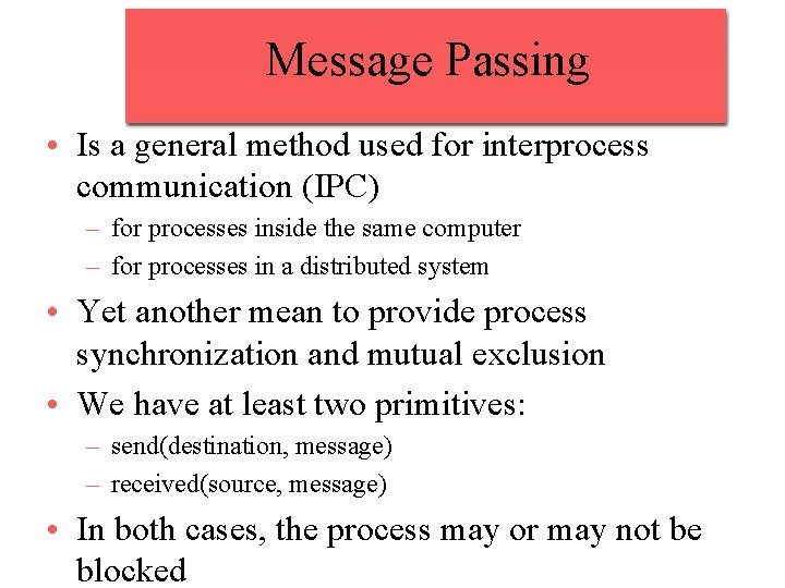 Message Passing • Is a general method used for interprocess communication (IPC) – for