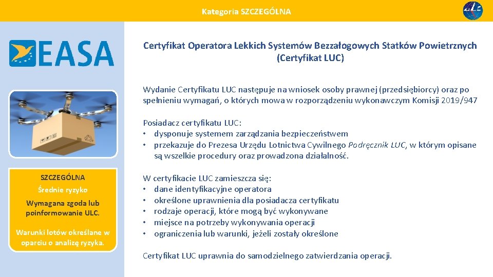 Kategoria SZCZEGÓLNA Certyfikat Operatora Lekkich Systemów Bezzałogowych Statków Powietrznych (Certyfikat LUC) Wydanie Certyfikatu LUC