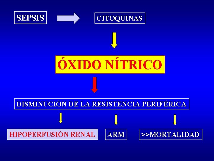SEPSIS CITOQUINAS ÓXIDO NÍTRICO DISMINUCIÓN DE LA RESISTENCIA PERIFÉRICA HIPOPERFUSIÓN RENAL ARM >>MORTALIDAD 