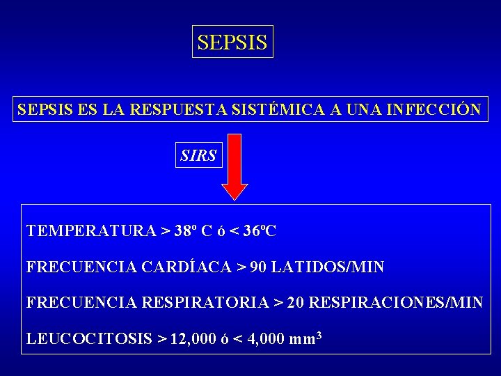 SEPSIS ES LA RESPUESTA SISTÉMICA A UNA INFECCIÓN SIRS TEMPERATURA > 38º C ó