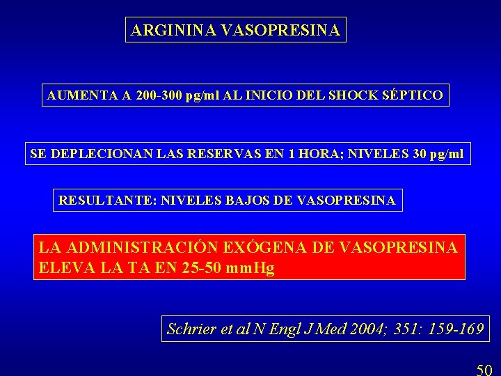 ARGININA VASOPRESINA AUMENTA A 200 -300 pg/ml AL INICIO DEL SHOCK SÉPTICO SE DEPLECIONAN