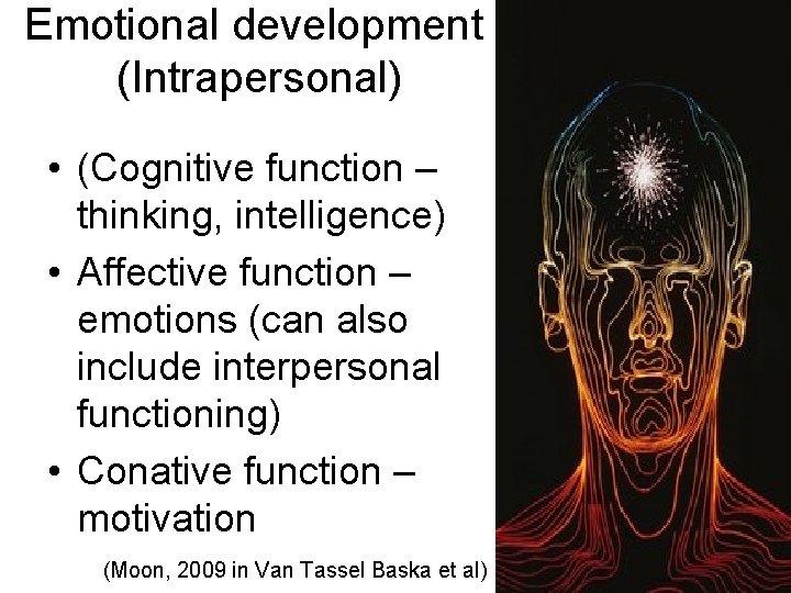 Emotional development (Intrapersonal) • (Cognitive function – thinking, intelligence) • Affective function – emotions