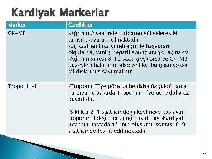 Kardiyak Markerlar Marker Özellikler CK-MB • Ağrının 3. saatinden itibaren yükselerek Mİ tanısında yararlı