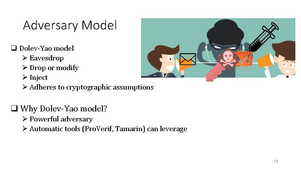 Adversary Model q Dolev-Yao model Ø Eavesdrop Ø Drop or modify Ø Inject Ø Adversary Model q Dolev-Yao model Ø Eavesdrop Ø Drop or modify Ø Inject Ø