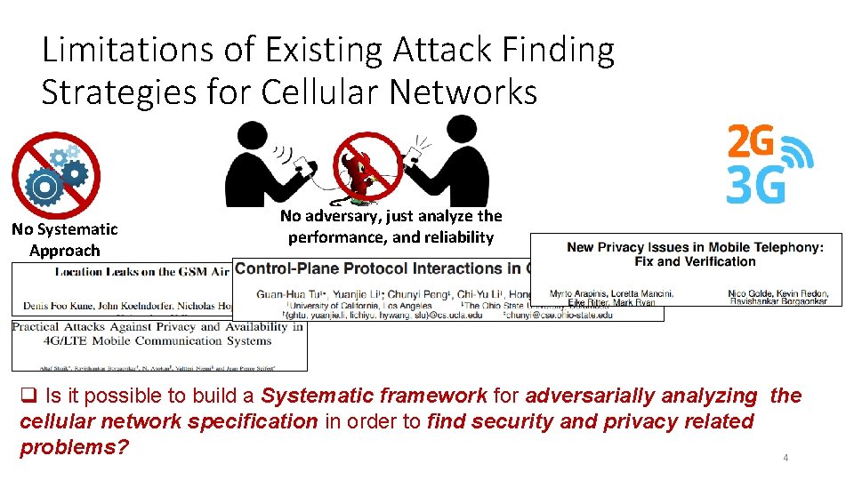 Limitations of Existing Attack Finding Strategies for Cellular Networks No Systematic Approach No adversary, Limitations of Existing Attack Finding Strategies for Cellular Networks No Systematic Approach No adversary,