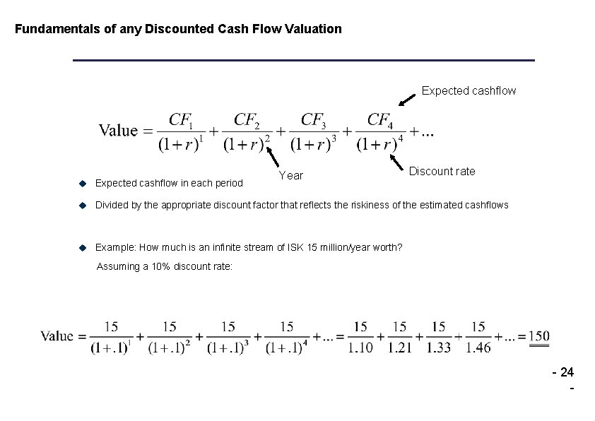 Fundamentals of any Discounted Cash Flow Valuation Expected cashflow u Expected cashflow in each