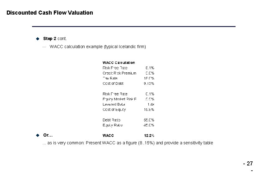 Discounted Cash Flow Valuation u Step 2 cont. — WACC calculation example (typical Icelandic