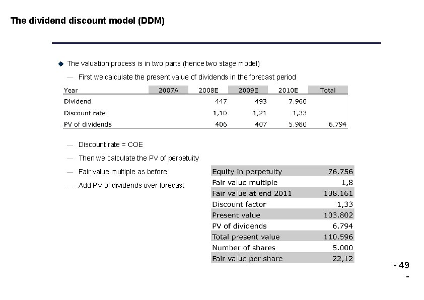 The dividend discount model (DDM) u The valuation process is in two parts (hence