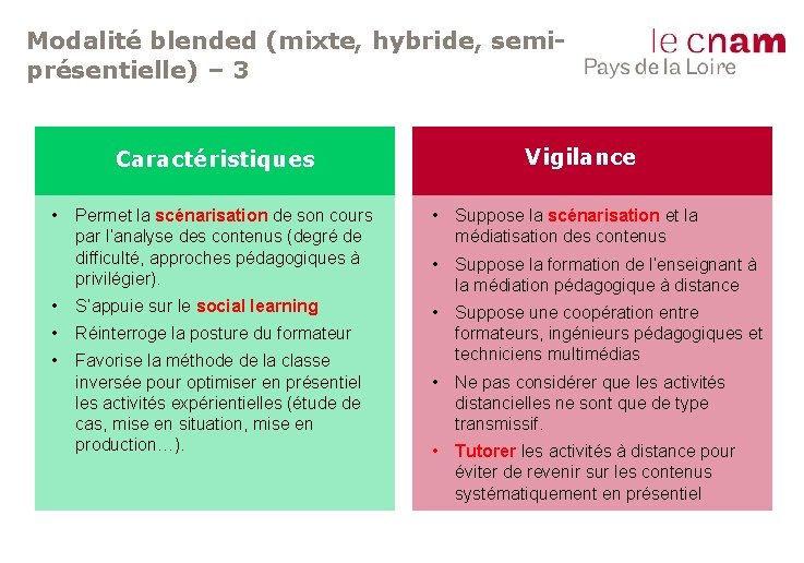 Modalité blended (mixte, hybride, semiprésentielle) – 3 Caractéristiques • Vigilance Permet la scénarisation de