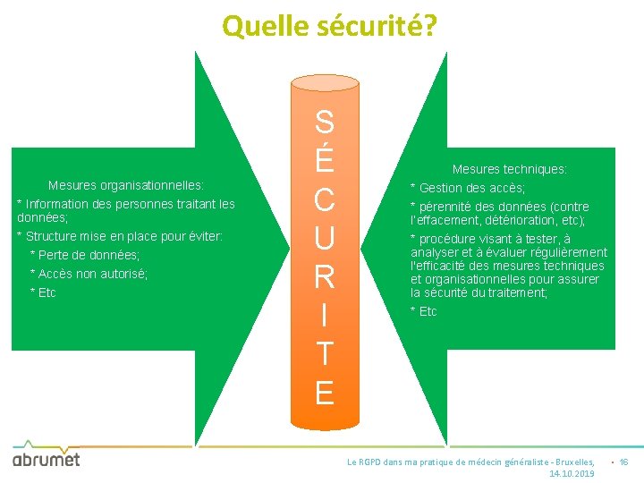 Quelle sécurité? Mesures organisationnelles: * Information des personnes traitant les données; * Structure mise