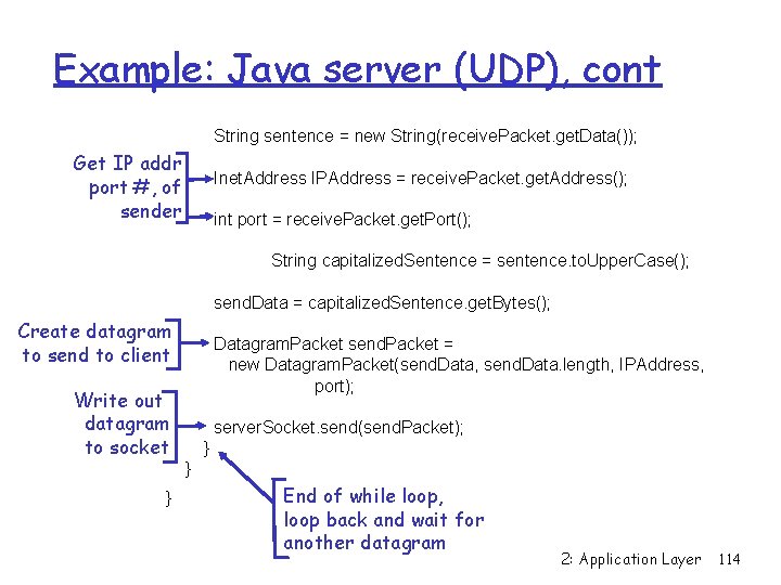 Example: Java server (UDP), cont String sentence = new String(receive. Packet. get. Data()); Get