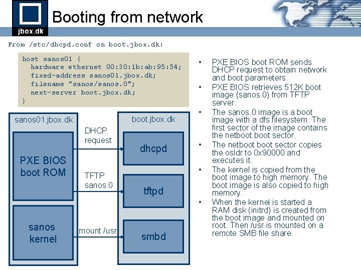 Booting from network From /etc/dhcpd. conf on boot. jbox. dk: host sanos 01 { Booting from network From /etc/dhcpd. conf on boot. jbox. dk: host sanos 01 {