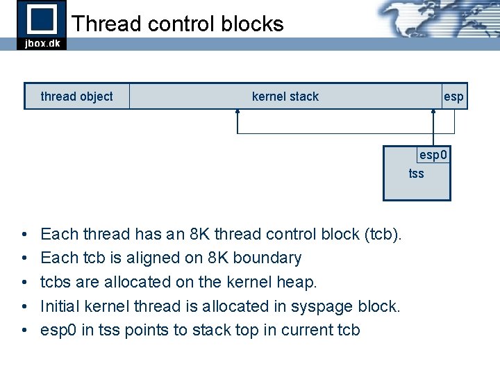 Thread control blocks thread object kernel stack esp 0 tss • • • Each Thread control blocks thread object kernel stack esp 0 tss • • • Each