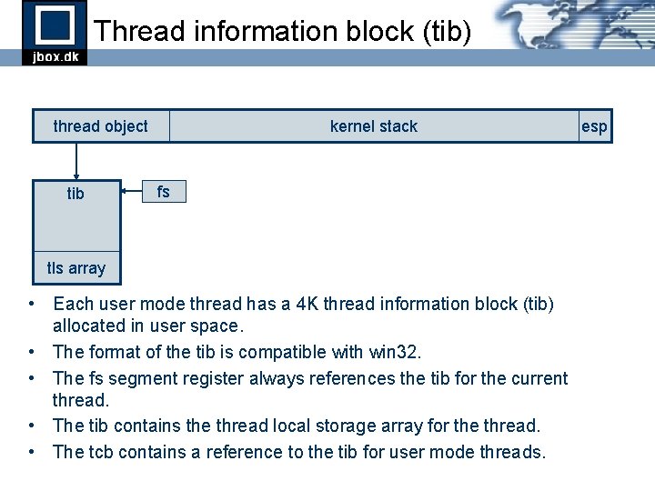 Thread information block (tib) thread object tib kernel stack fs tls array • Each Thread information block (tib) thread object tib kernel stack fs tls array • Each