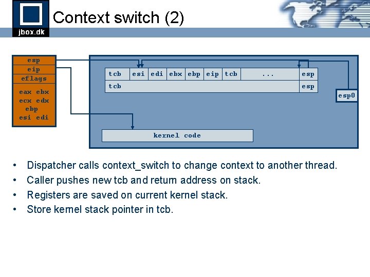 Context switch (2) esp eip eflags eax ebx ecx edx ebp esi edi tcb Context switch (2) esp eip eflags eax ebx ecx edx ebp esi edi tcb