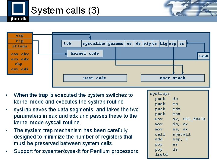 System calls (3) esp eip eflags eax ebx ecx edx ebp esi edi tcb System calls (3) esp eip eflags eax ebx ecx edx ebp esi edi tcb