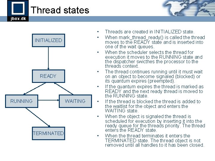 Thread states • • INITIALIZED • • READY • RUNNING WAITING • • TERMINATED Thread states • • INITIALIZED • • READY • RUNNING WAITING • • TERMINATED
