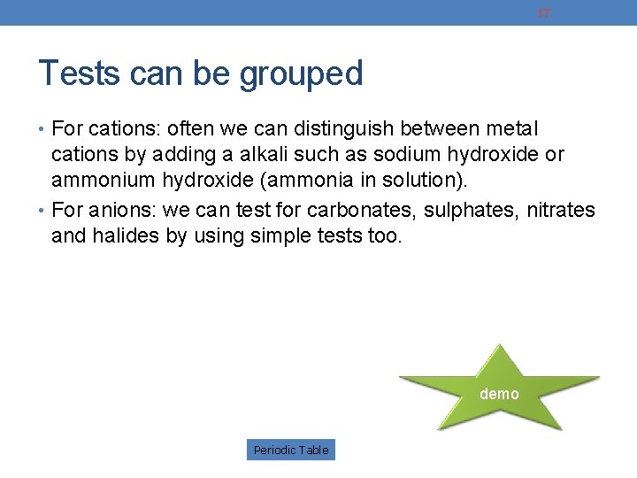 17 Tests can be grouped • For cations: often we can distinguish between metal