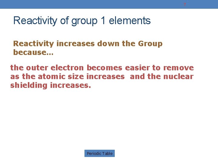 7 Reactivity of group 1 elements Reactivity increases down the Group because… the outer