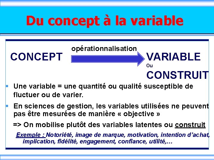 Du concept à la variable CONCEPT opérationnalisation VARIABLE Ou CONSTRUIT § Une variable =