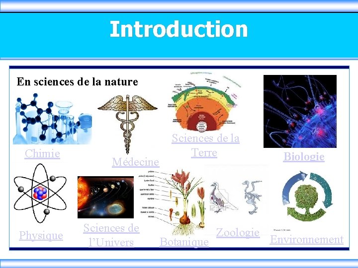 Introduction En sciences de la nature Chimie Physique Médecine Sciences de l’Univers Sciences de