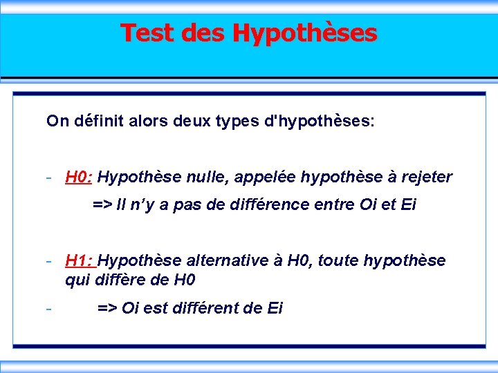 Test des Hypothèses On définit alors deux types d'hypothèses: - H 0: Hypothèse nulle,