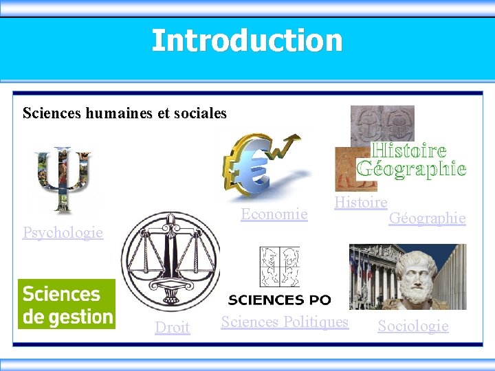 Introduction Sciences humaines et sociales Economie Psychologie Droit Histoire Sciences Politiques Géographie Sociologie 