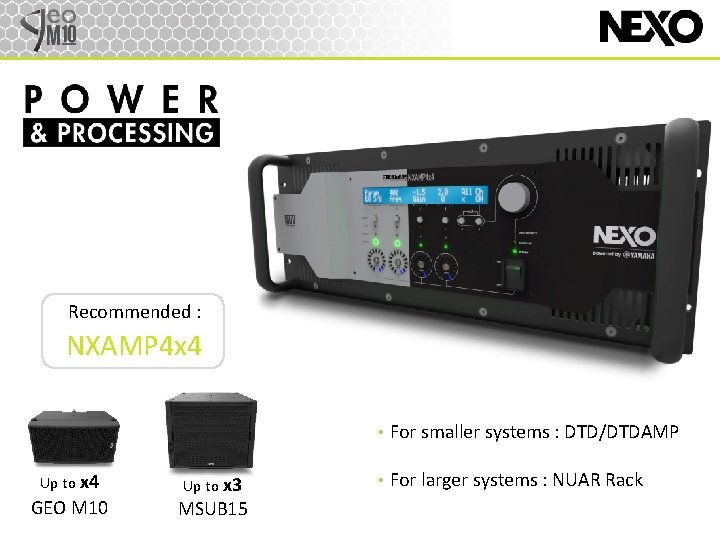 Recommended : NXAMP 4 x 4 • For smaller systems : DTD/DTDAMP Up to