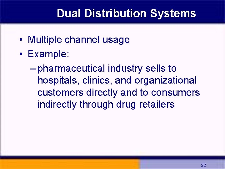 Dual Distribution Systems • Multiple channel usage • Example: – pharmaceutical industry sells to