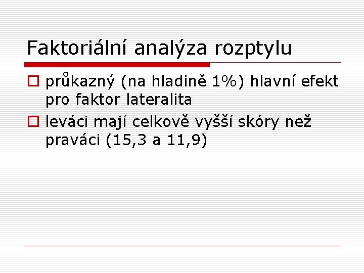 Faktoriální analýza rozptylu o průkazný (na hladině 1%) hlavní efekt pro faktor lateralita o