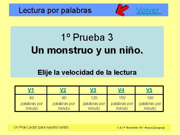 Lectura por palabras Volver 1º Prueba 3 Un monstruo y un niño. Elije la