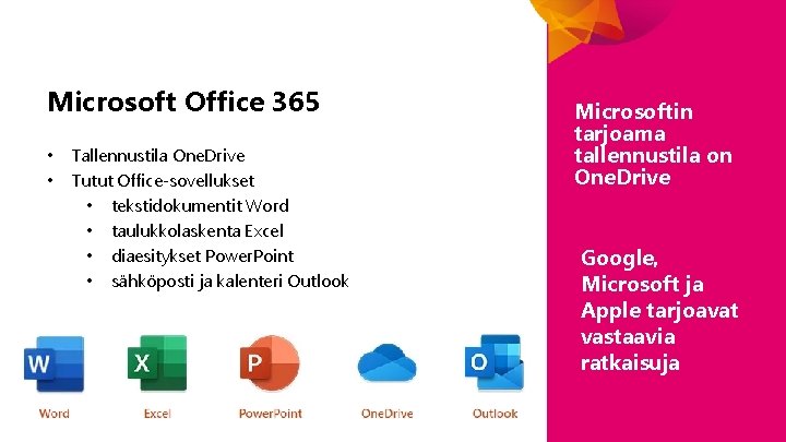 Microsoft Office 365 • • Tallennustila One. Drive Tutut Office-sovellukset • tekstidokumentit Word •
