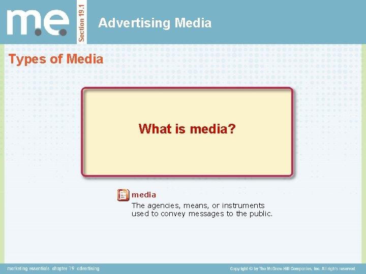 Section 19. 1 Advertising Media Types of Media What is media? media The agencies,