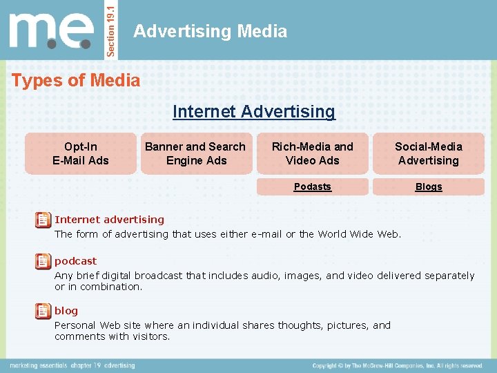 Section 19. 1 Advertising Media Types of Media Internet Advertising Opt-In E-Mail Ads Banner