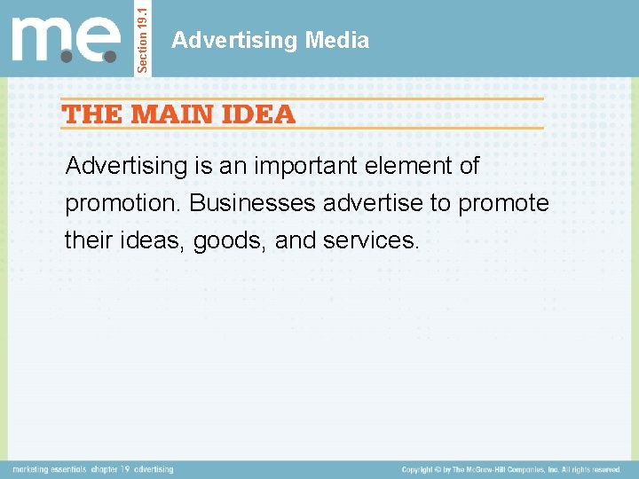 Section 19. 1 Advertising Media Advertising is an important element of promotion. Businesses advertise