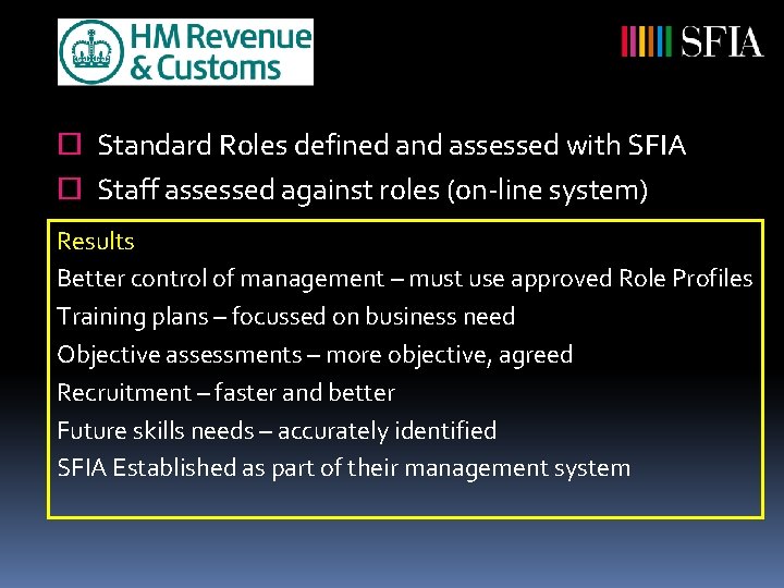 ¨ Standard Roles defined and assessed with SFIA ¨ Staff assessed against roles (on-line