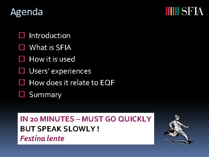 Agenda ¨ ¨ ¨ Introduction What is SFIA How it is used Users’ experiences