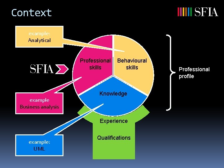 Context example: Analytical Professional skills example Business analysis Behavioural skills Knowledge Experience example: UML