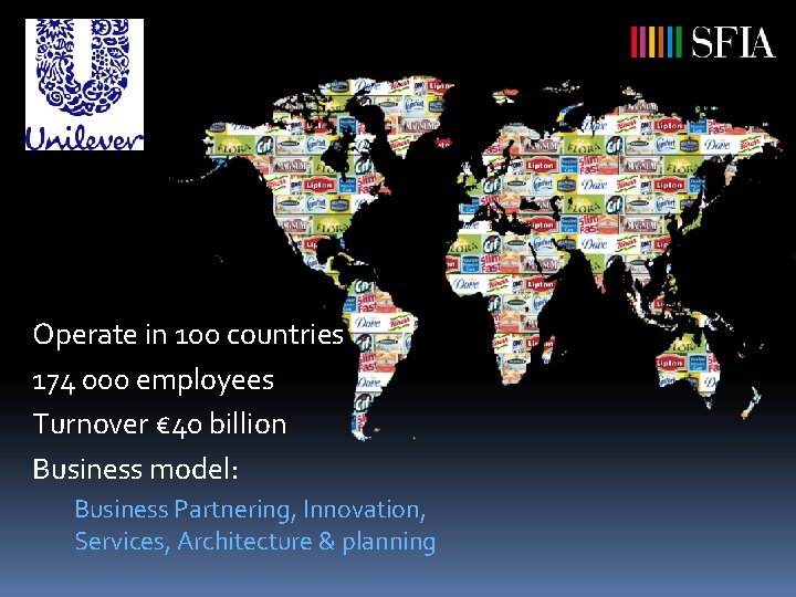 Operate in 100 countries 174 000 employees Turnover € 40 billion Business model: Business