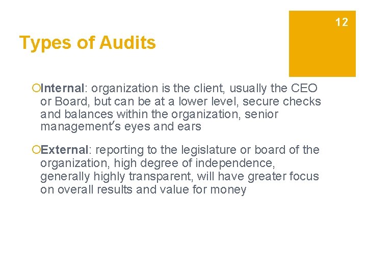 12 Types of Audits ¡Internal: organization is the client, usually the CEO or Board,