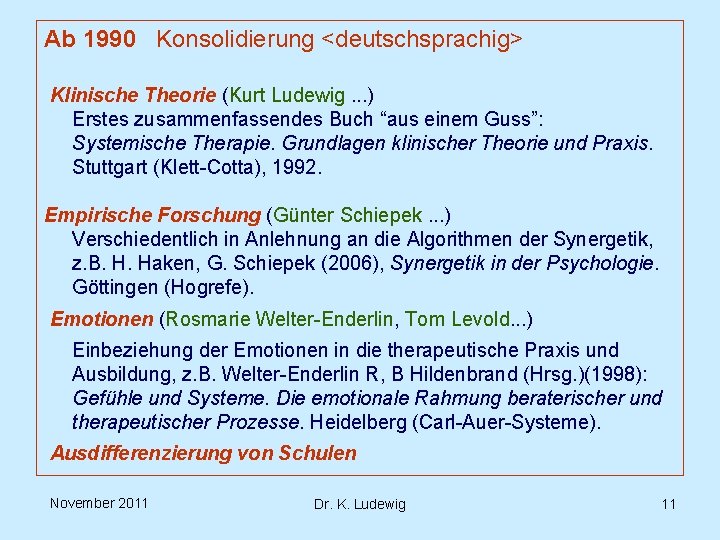 Ab 1990 Konsolidierung <deutschsprachig> Klinische Theorie (Kurt Ludewig. . . ) Erstes zusammenfassendes Buch