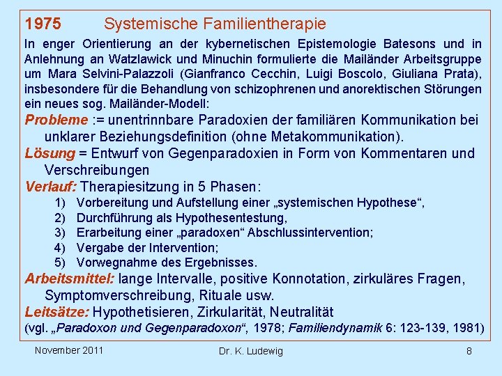 1975 Systemische Familientherapie In enger Orientierung an der kybernetischen Epistemologie Batesons und in Anlehnung